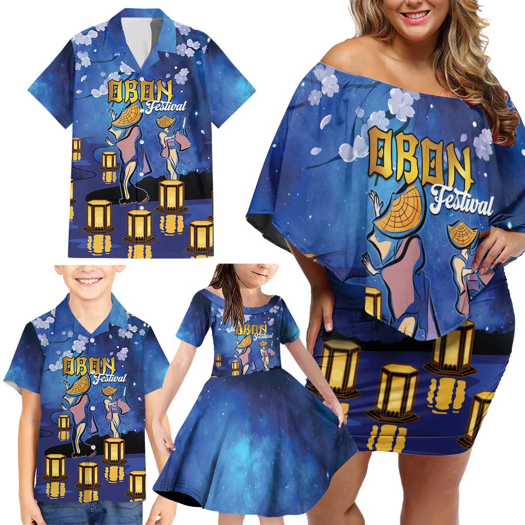 Japan Obon Festival Family Matching Off Shoulder Short Dress and Hawaiian Shirt Sakura Lanterns With Bon Dance - Polynesian Pride
