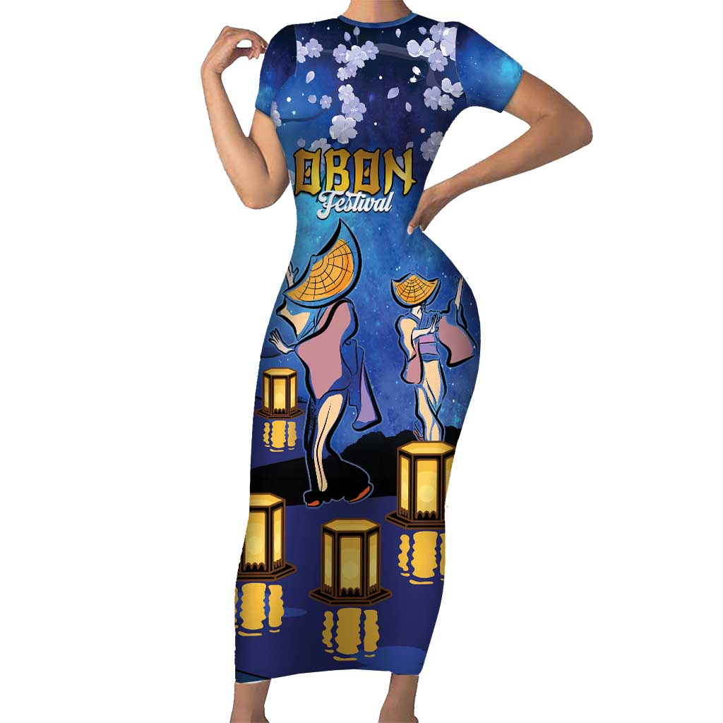 Japan Obon Festival Family Matching Short Sleeve Bodycon Dress and Hawaiian Shirt Sakura Lanterns With Bon Dance - Polynesian Pride