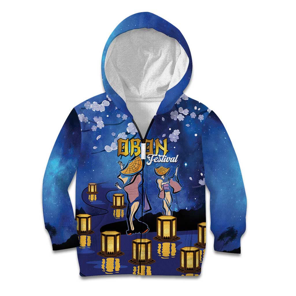 Japan Obon Festival Kid Hoodie Sakura Lanterns With Bon Dance LT14 Zip Hoodie Blue - Polynesian Pride