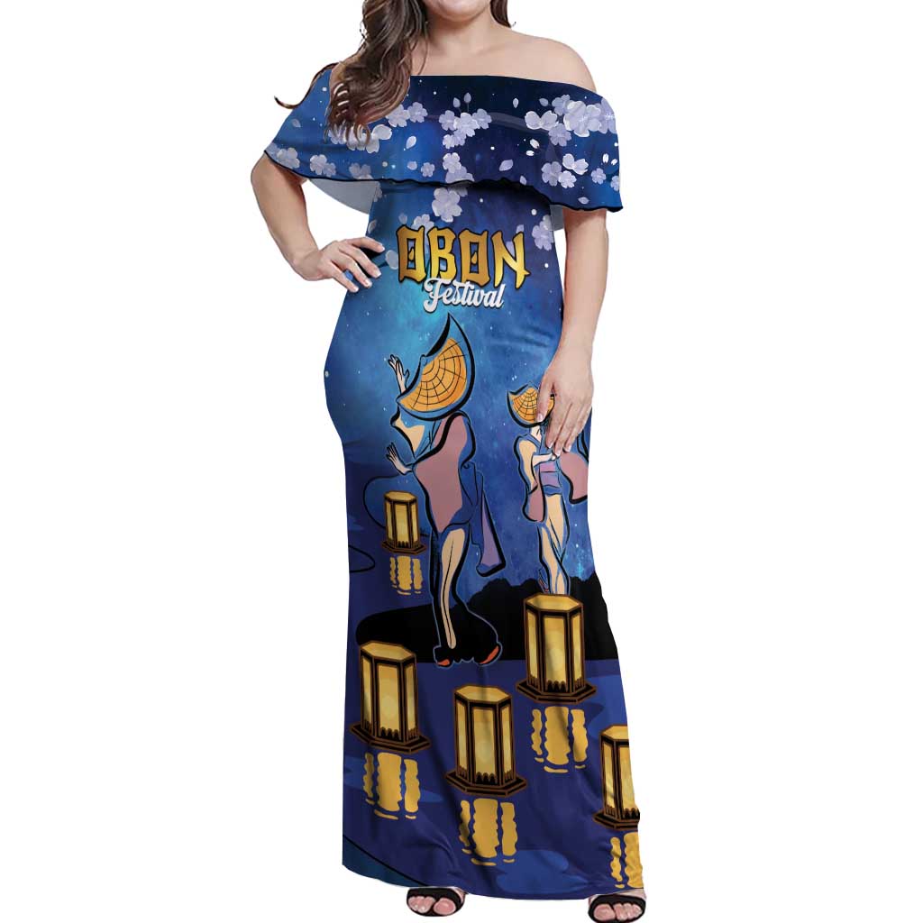 Japan Obon Festival Off Shoulder Maxi Dress Sakura Lanterns With Bon Dance LT14 Women Blue - Polynesian Pride