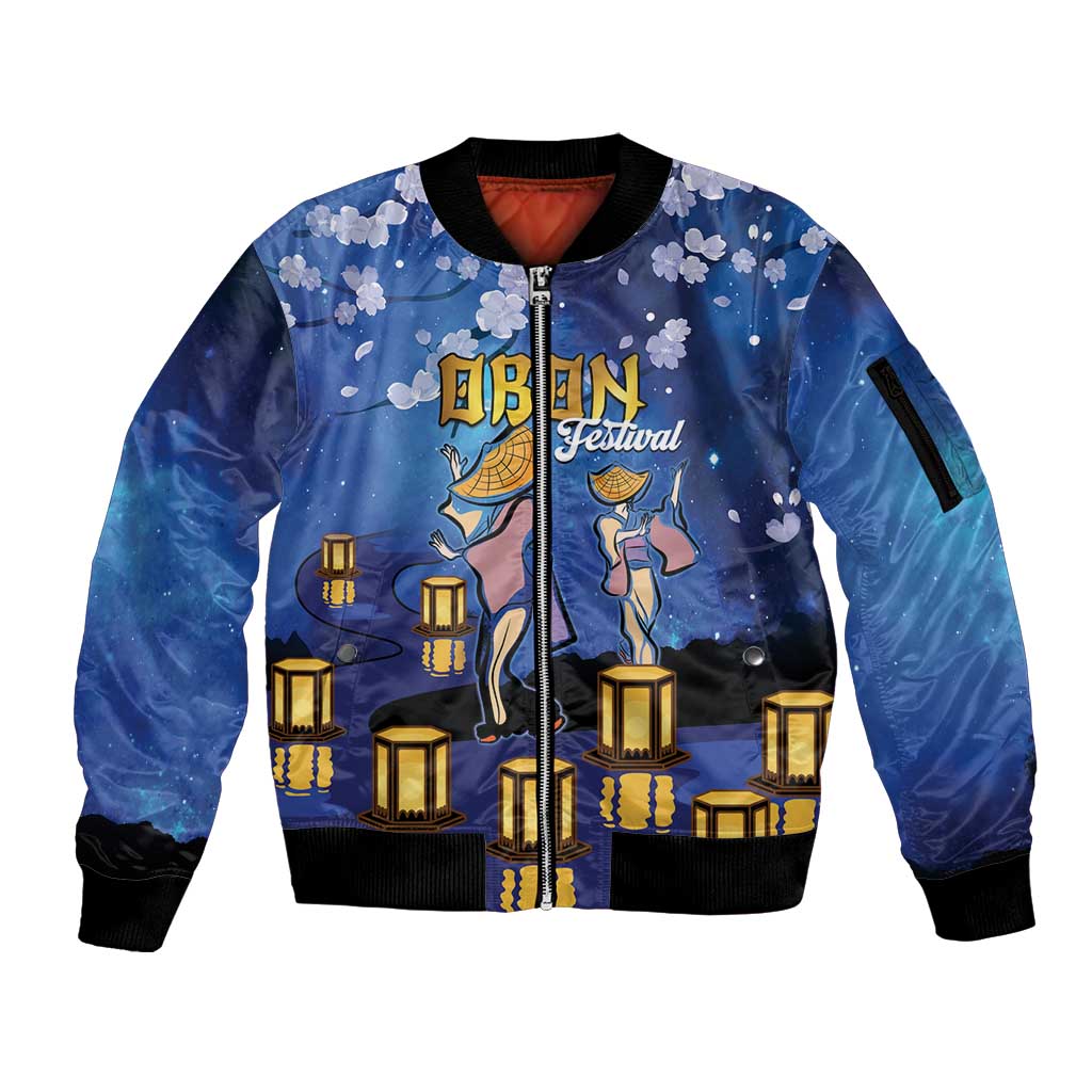Japan Obon Festival Sleeve Zip Bomber Jacket Sakura Lanterns With Bon Dance - Polynesian Pride
