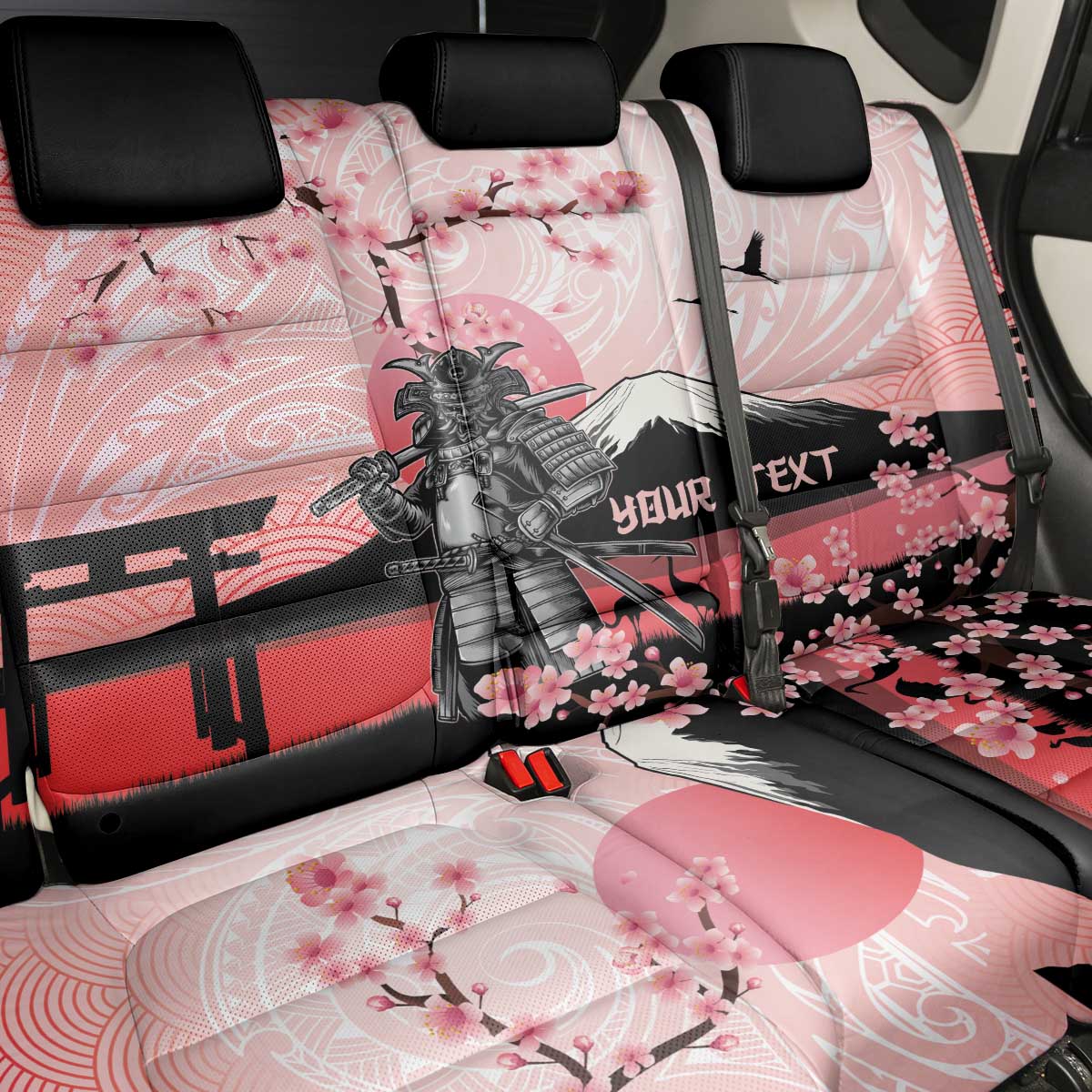 Personalised Japan Samurai Warrior Back Car Seat Cover Japanese Cherry Blossom Polynesian Pattern - Polynesian Pride