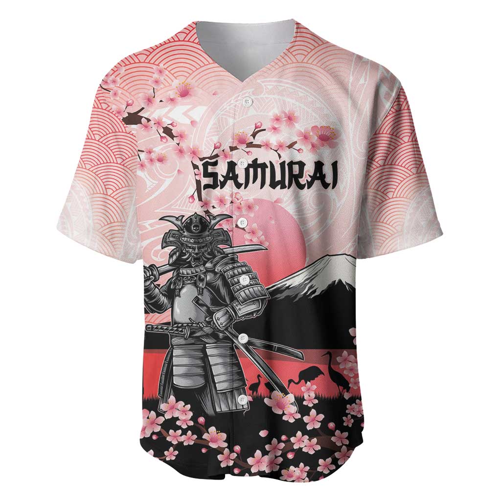 Personalised Japan Samurai Warrior Baseball Jersey Japanese Cherry Blossom Polynesian Pattern - Polynesian Pride