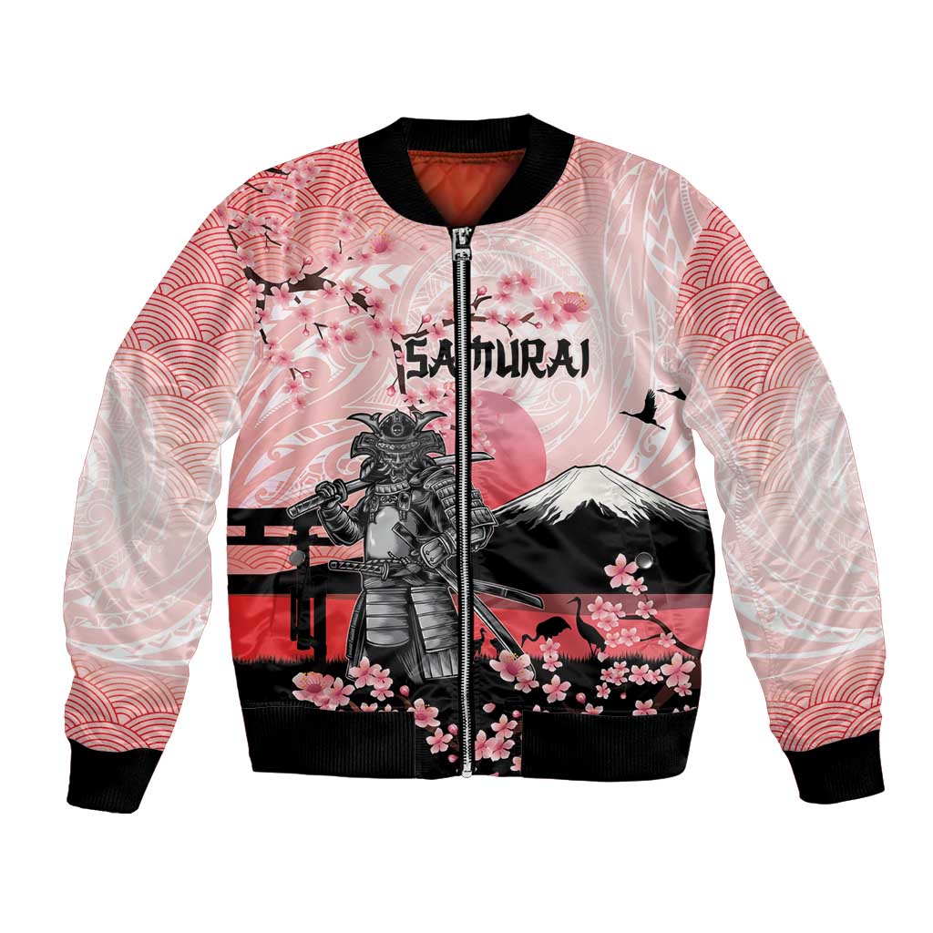 Personalised Japan Samurai Warrior Bomber Jacket Japanese Cherry Blossom Polynesian Pattern - Polynesian Pride