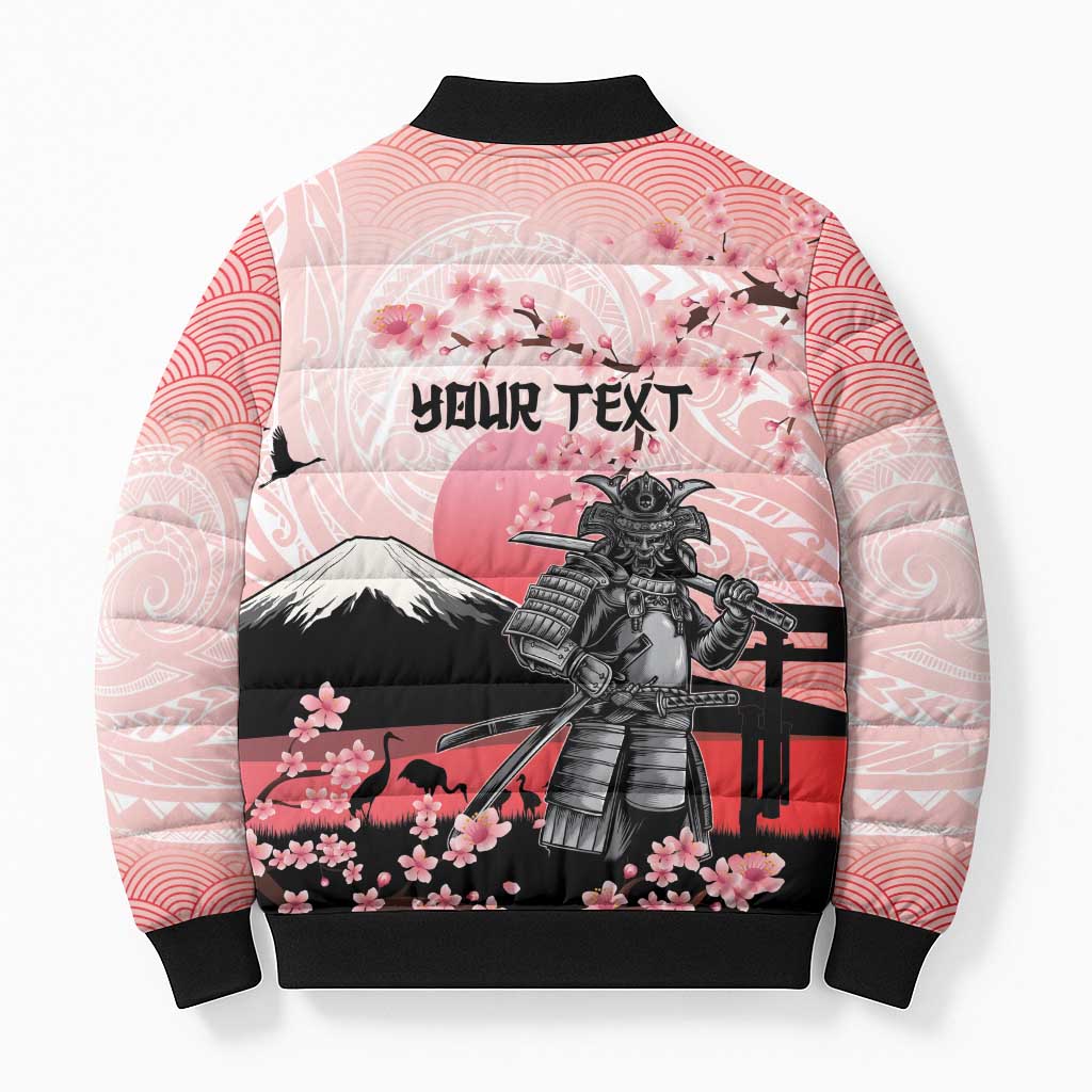 Personalised Japan Samurai Warrior Bomber Puffer Jacket Japanese Cherry Blossom Polynesian Pattern - Polynesian Pride