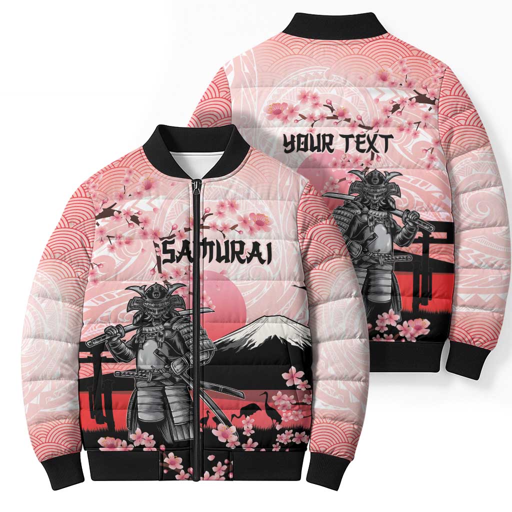 Personalised Japan Samurai Warrior Bomber Puffer Jacket Japanese Cherry Blossom Polynesian Pattern - Polynesian Pride