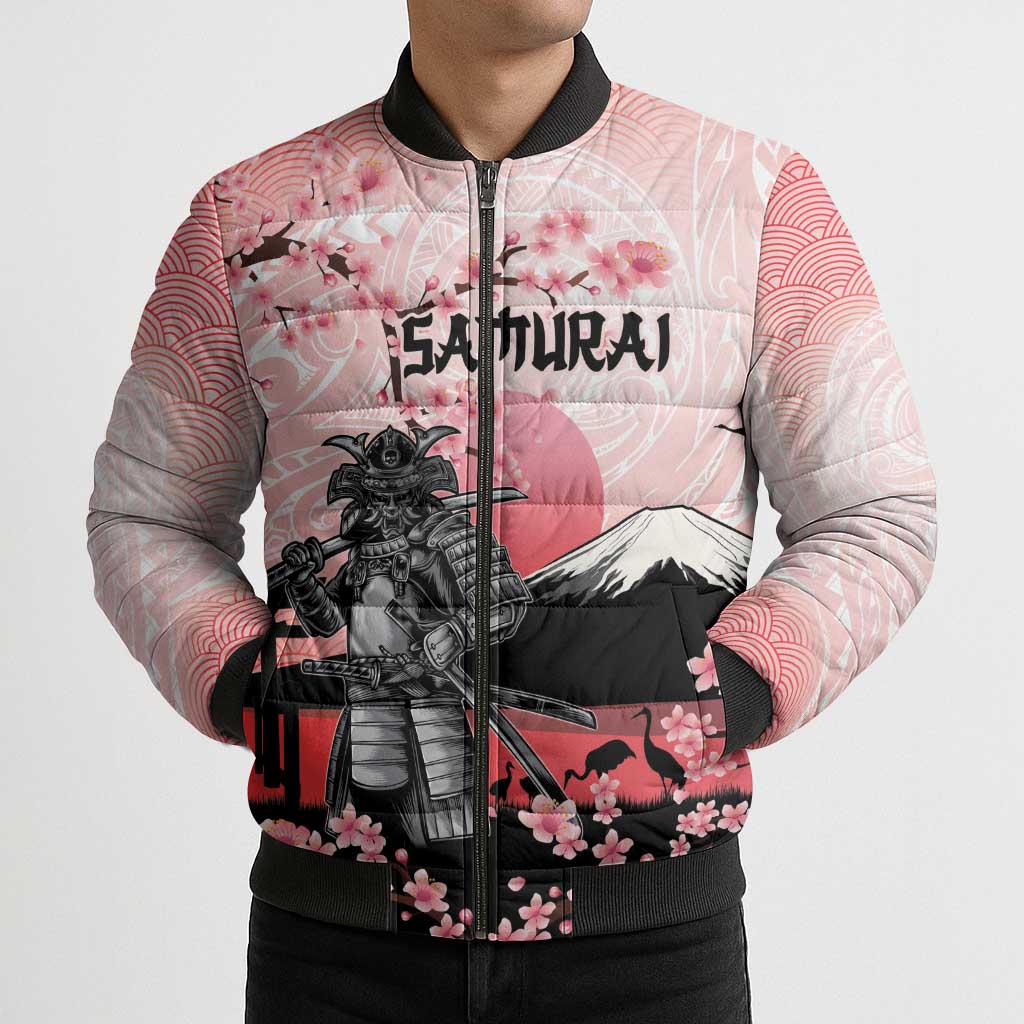 Personalised Japan Samurai Warrior Bomber Puffer Jacket Japanese Cherry Blossom Polynesian Pattern - Polynesian Pride