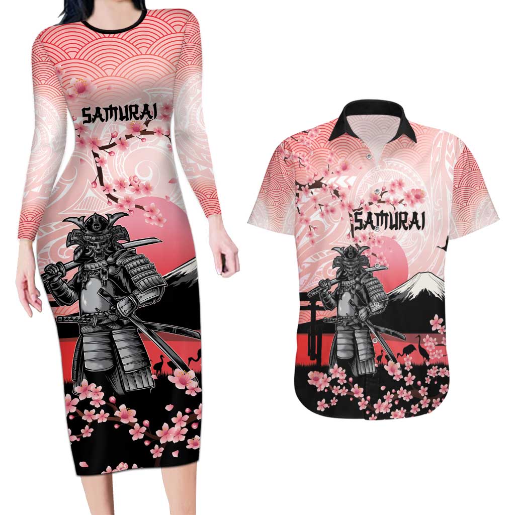 Personalised Japan Samurai Warrior Couples Matching Long Sleeve Bodycon Dress and Hawaiian Shirt Japanese Cherry Blossom Polynesian Pattern - Polynesian Pride