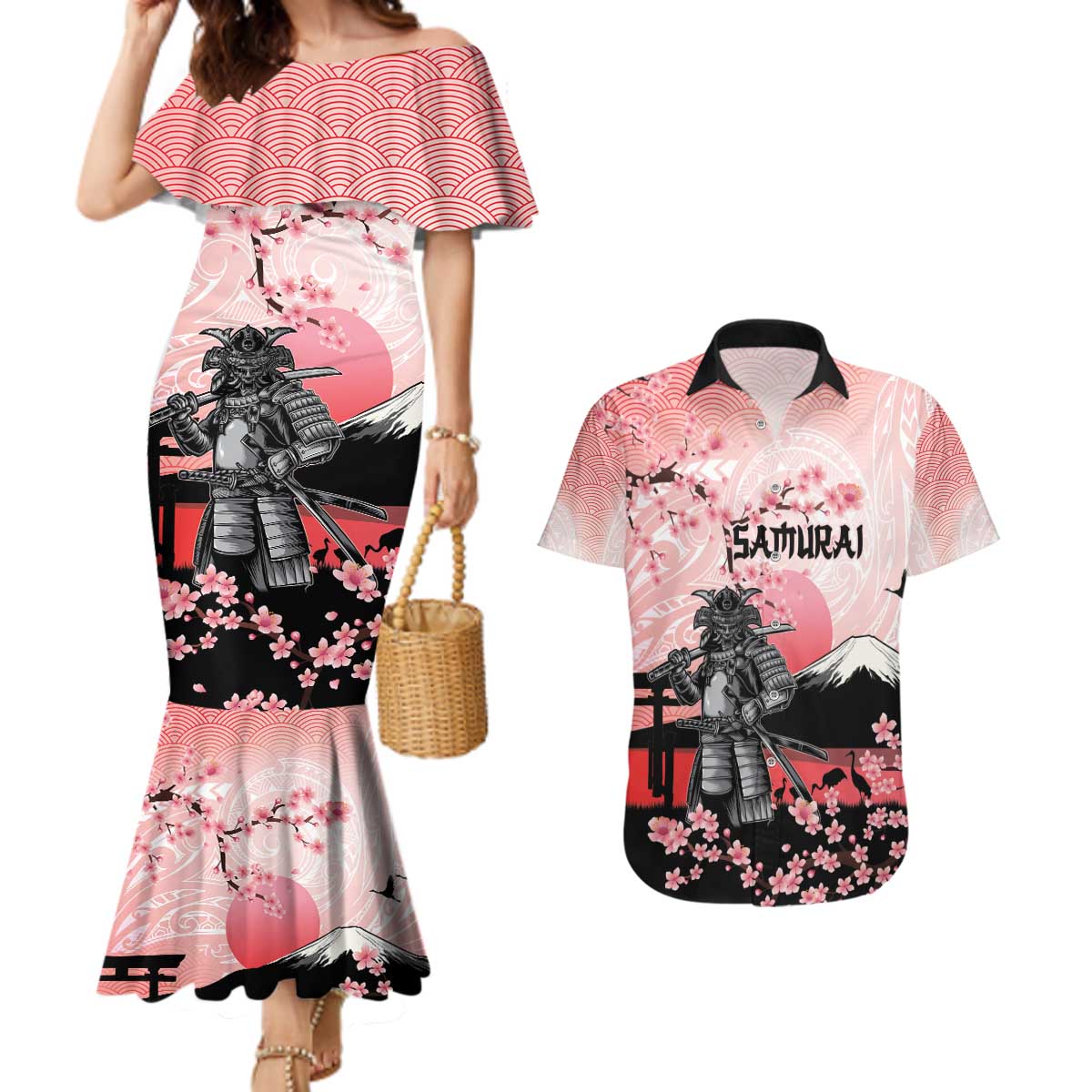 Personalised Japan Samurai Warrior Couples Matching Mermaid Dress and Hawaiian Shirt Japanese Cherry Blossom Polynesian Pattern LT14 Pink - Polynesian Pride