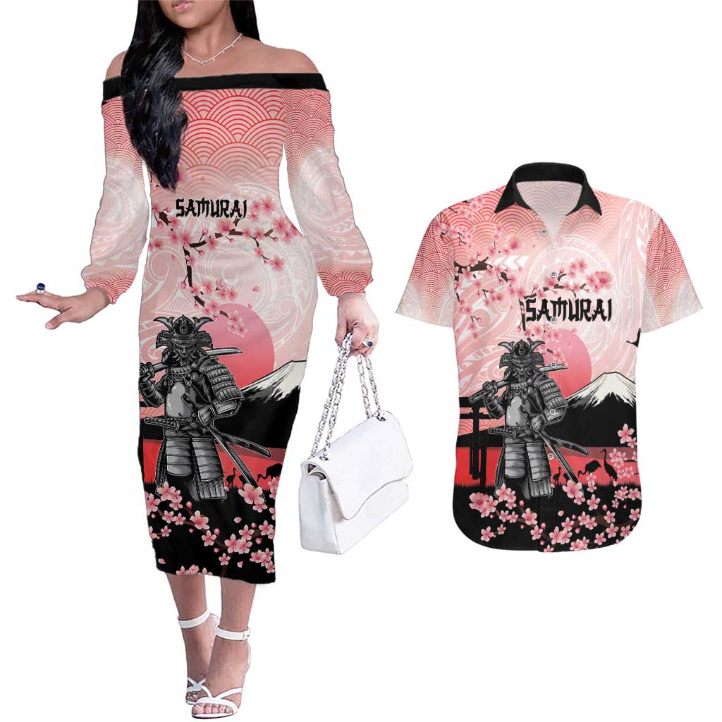Personalised Japan Samurai Warrior Couples Matching Off The Shoulder Long Sleeve Dress and Hawaiian Shirt Japanese Cherry Blossom Polynesian Pattern LT14 Pink - Polynesian Pride