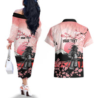 Personalised Japan Samurai Warrior Couples Matching Off The Shoulder Long Sleeve Dress and Hawaiian Shirt Japanese Cherry Blossom Polynesian Pattern LT14 - Polynesian Pride
