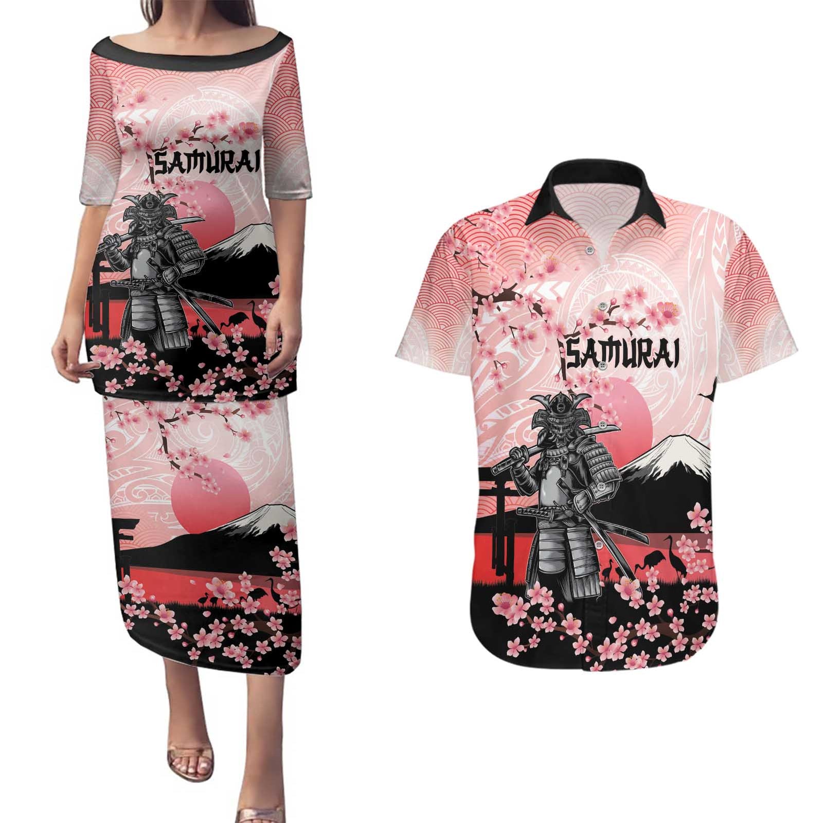 Personalised Japan Samurai Warrior Couples Matching Puletasi and Hawaiian Shirt Japanese Cherry Blossom Polynesian Pattern - Polynesian Pride