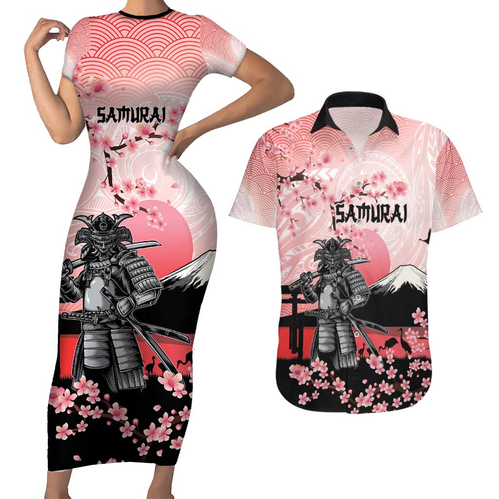Personalised Japan Samurai Warrior Couples Matching Short Sleeve Bodycon Dress and Hawaiian Shirt Japanese Cherry Blossom Polynesian Pattern - Polynesian Pride