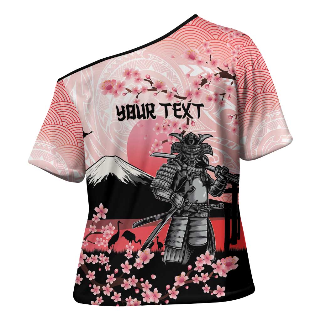 Personalised Japan Samurai Warrior Cross Shoulder Shirt Japanese Cherry Blossom Polynesian Pattern - Polynesian Pride