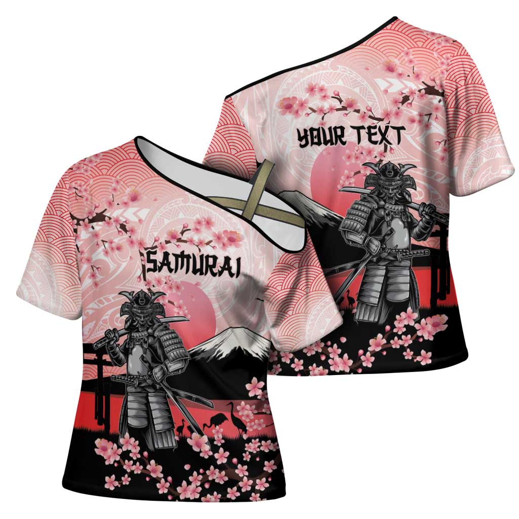 Personalised Japan Samurai Warrior Cross Shoulder Shirt Japanese Cherry Blossom Polynesian Pattern - Polynesian Pride