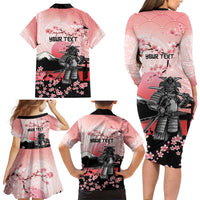 Personalised Japan Samurai Warrior Family Matching Long Sleeve Bodycon Dress and Hawaiian Shirt Japanese Cherry Blossom Polynesian Pattern - Polynesian Pride