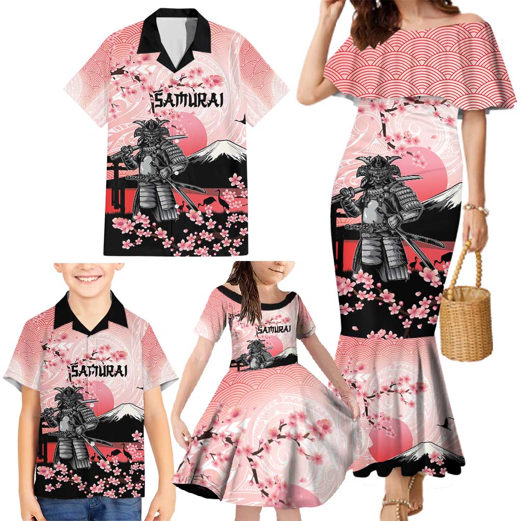 Personalised Japan Samurai Warrior Family Matching Mermaid Dress and Hawaiian Shirt Japanese Cherry Blossom Polynesian Pattern - Polynesian Pride