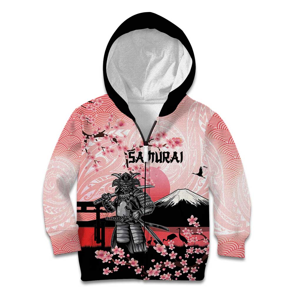 Personalised Japan Samurai Warrior Kid Hoodie Japanese Cherry Blossom Polynesian Pattern LT14 Zip Hoodie Pink - Polynesian Pride