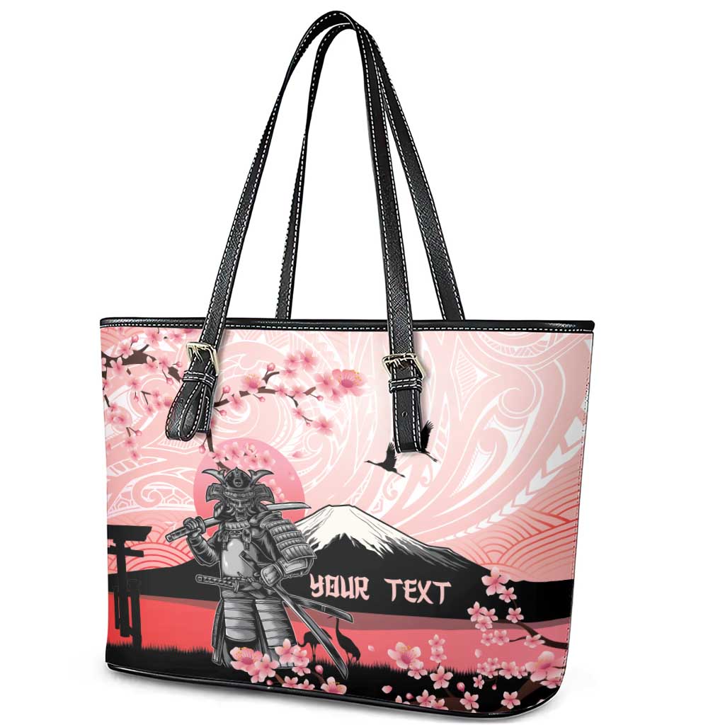 Personalised Japan Samurai Warrior Leather Tote Bag Japanese Cherry Blossom Polynesian Pattern - Polynesian Pride