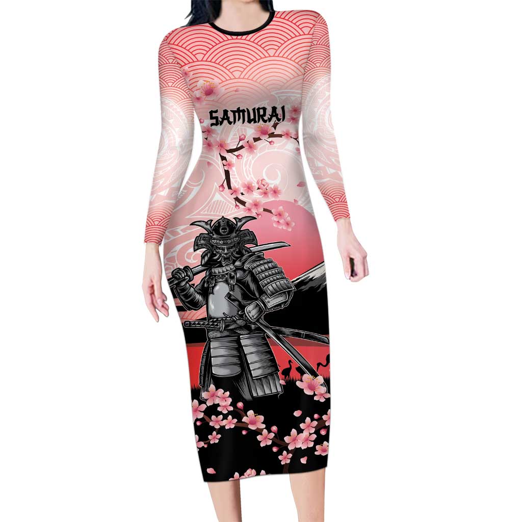 Personalised Japan Samurai Warrior Long Sleeve Bodycon Dress Japanese Cherry Blossom Polynesian Pattern - Polynesian Pride