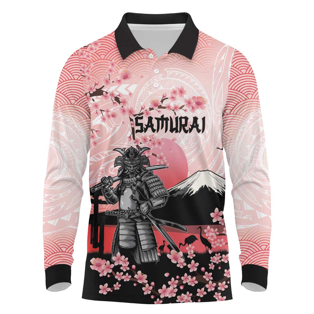 Personalised Japan Samurai Warrior Long Sleeve Polo Shirt Japanese Cherry Blossom Polynesian Pattern LT14 Pink - Polynesian Pride