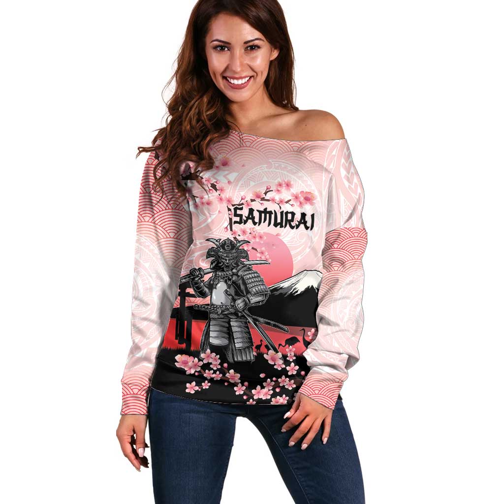 Personalised Japan Samurai Warrior Off Shoulder Sweater Japanese Cherry Blossom Polynesian Pattern - Polynesian Pride