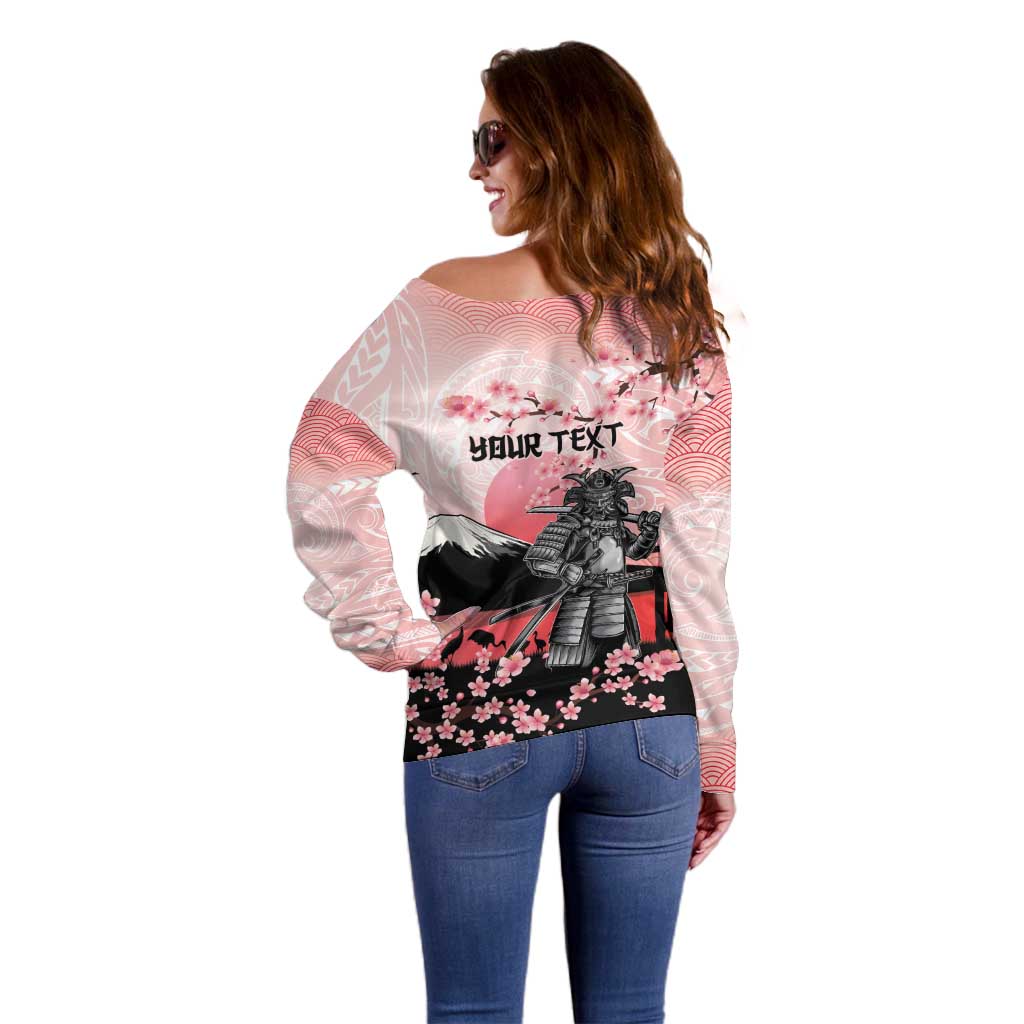 Personalised Japan Samurai Warrior Off Shoulder Sweater Japanese Cherry Blossom Polynesian Pattern - Polynesian Pride