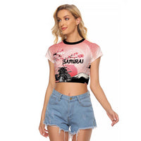 Personalised Japan Samurai Warrior Raglan Cropped T Shirt Japanese Cherry Blossom Polynesian Pattern - Polynesian Pride