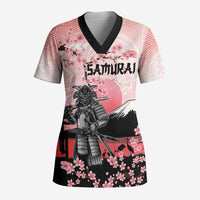 Personalised Japan Samurai Warrior Scrub Top Japanese Cherry Blossom Polynesian Pattern - Polynesian Pride