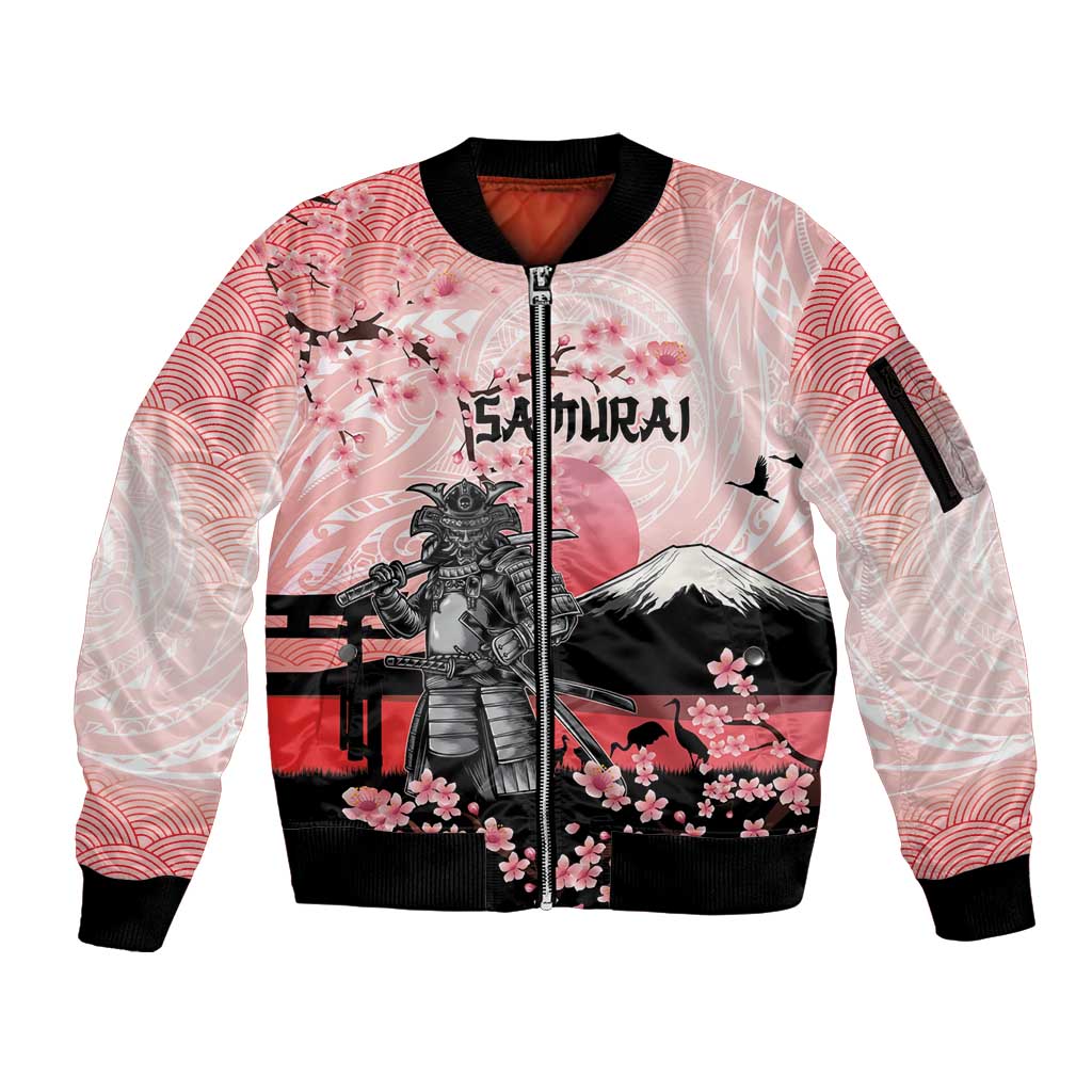 Personalised Japan Samurai Warrior Sleeve Zip Bomber Jacket Japanese Cherry Blossom Polynesian Pattern - Polynesian Pride
