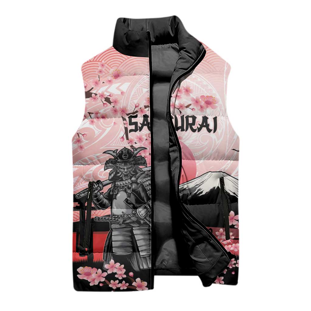 Personalised Japan Samurai Warrior Sleeveless Puffer Jacket Japanese Cherry Blossom Polynesian Pattern - Polynesian Pride