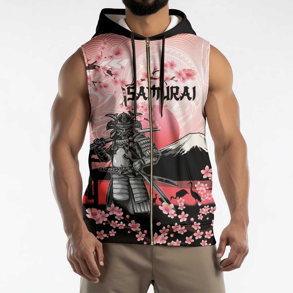 Personalised Japan Samurai Warrior Sleeveless Zip Hoodie Japanese Cherry Blossom Polynesian Pattern - Polynesian Pride