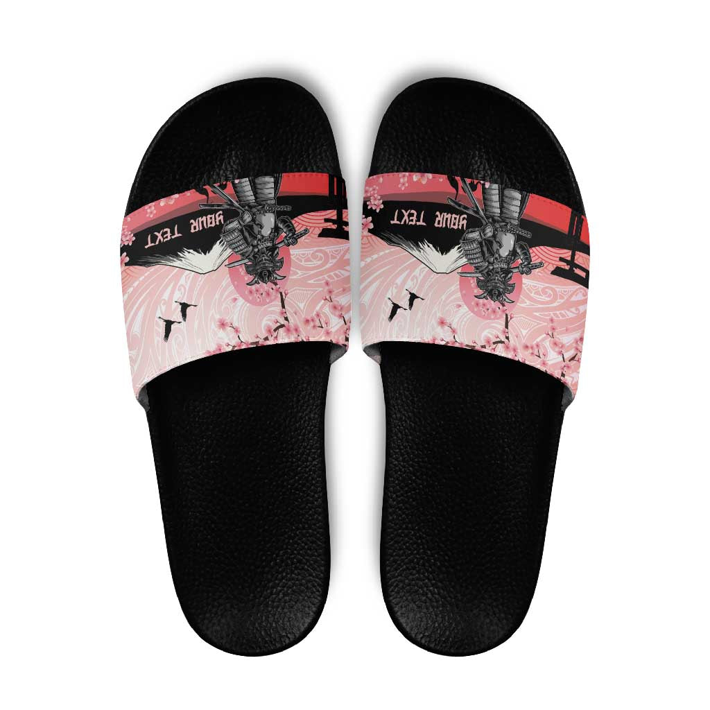 Personalised Japan Samurai Warrior Slide Sandals Japanese Cherry Blossom Polynesian Pattern - Polynesian Pride