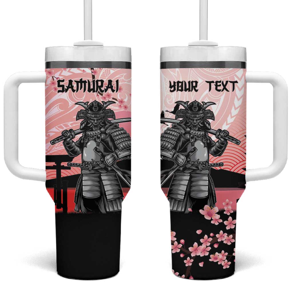 Personalised Japan Samurai Warrior Tumbler With Handle Japanese Cherry Blossom Polynesian Pattern - Polynesian Pride