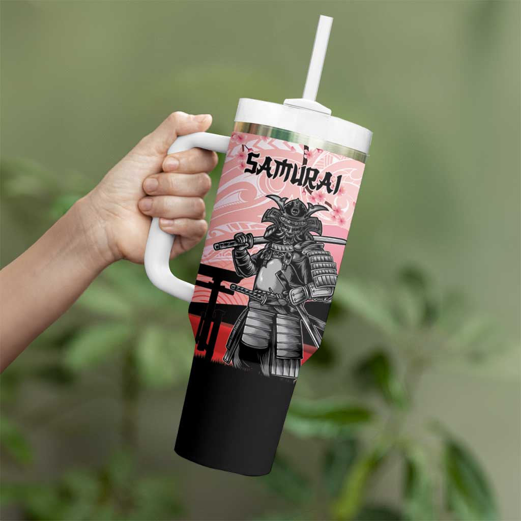 Personalised Japan Samurai Warrior Tumbler With Handle Japanese Cherry Blossom Polynesian Pattern - Polynesian Pride