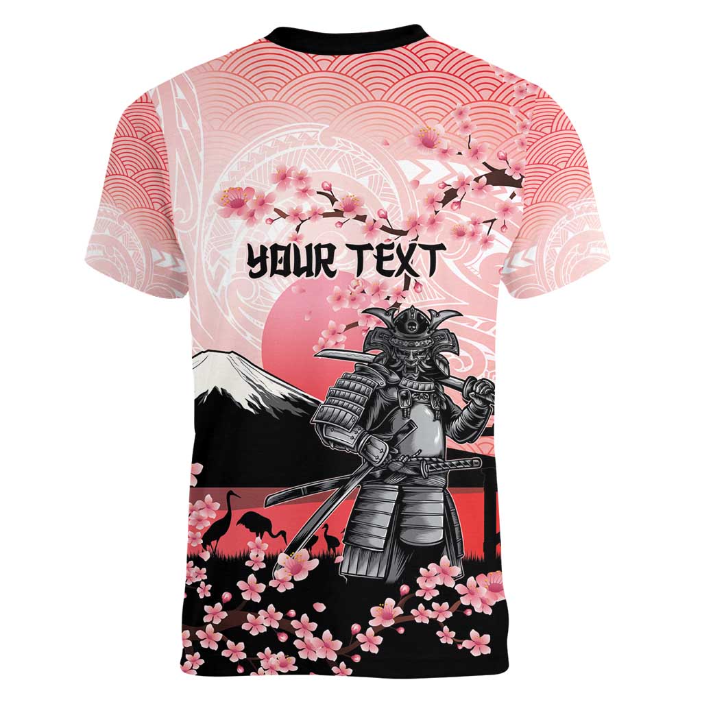 Personalised Japan Samurai Warrior Women V-Neck T-Shirt Japanese Cherry Blossom Polynesian Pattern LT14 - Polynesian Pride