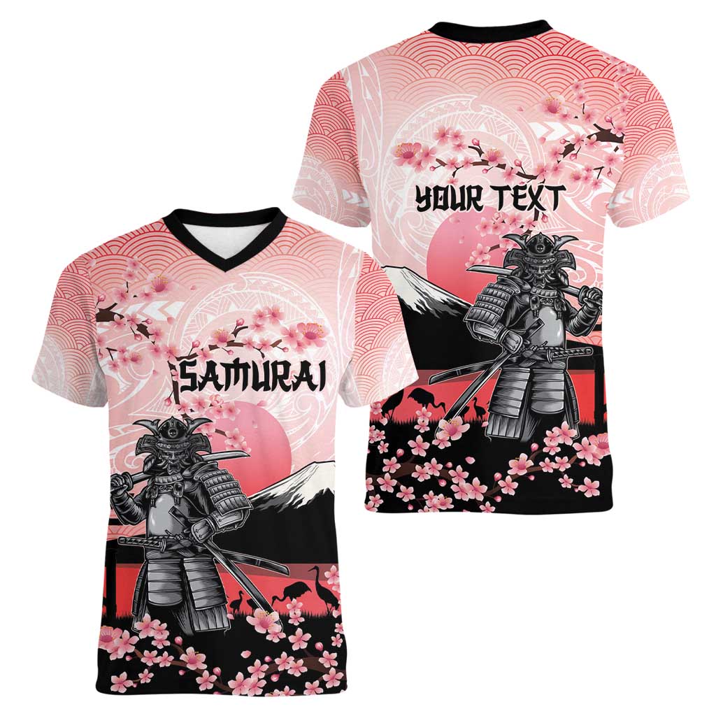Personalised Japan Samurai Warrior Women V-Neck T-Shirt Japanese Cherry Blossom Polynesian Pattern LT14 - Polynesian Pride