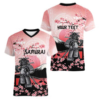 Personalised Japan Samurai Warrior Women V-Neck T-Shirt Japanese Cherry Blossom Polynesian Pattern LT14 - Polynesian Pride