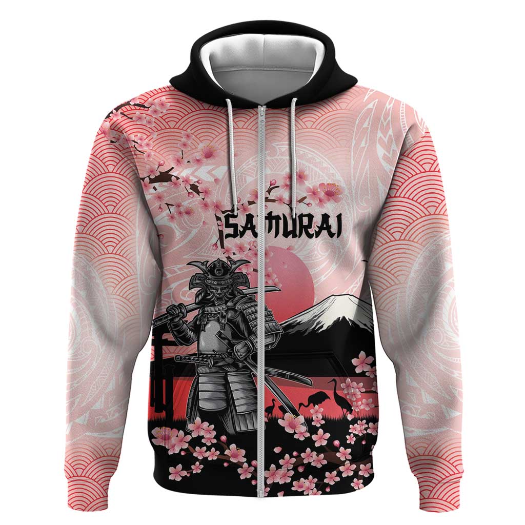 Personalised Japan Samurai Warrior Zip Hoodie Japanese Cherry Blossom Polynesian Pattern - Polynesian Pride
