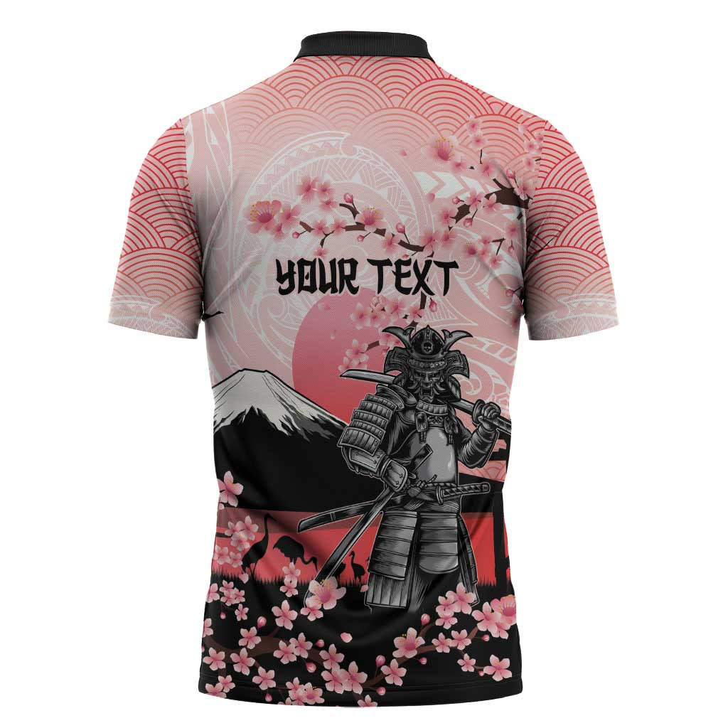 Personalised Japan Samurai Warrior Zipper Polo Shirt Japanese Cherry Blossom Polynesian Pattern - Polynesian Pride