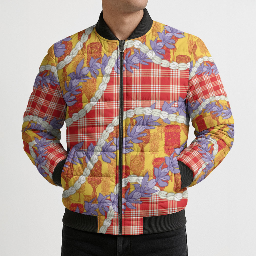 Hawaii Kahili Palaka Motifs Bomber Puffer Jacket Hawaiian Honohono Pikake Lei