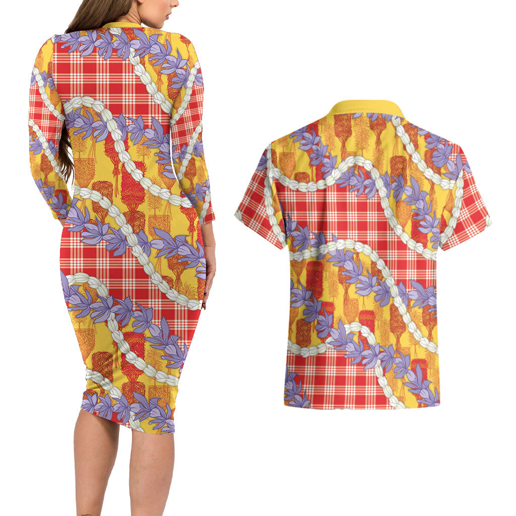 Hawaii Kahili Palaka Motifs Couples Matching Long Sleeve Bodycon Dress and Hawaiian Shirt Hawaiian Honohono Pikake Lei
