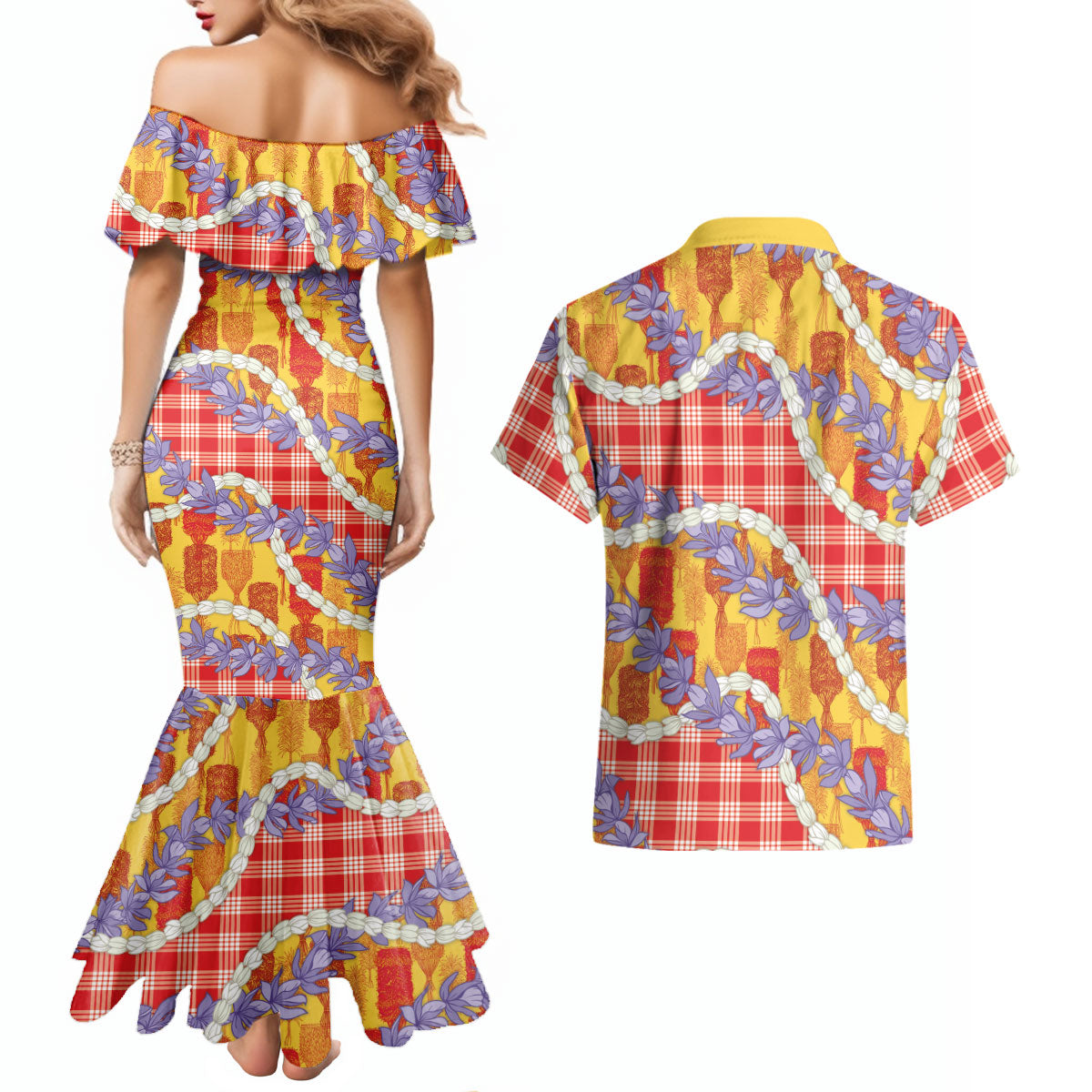 Hawaii Kahili Palaka Motifs Couples Matching Mermaid Dress and Hawaiian Shirt Hawaiian Honohono Pikake Lei