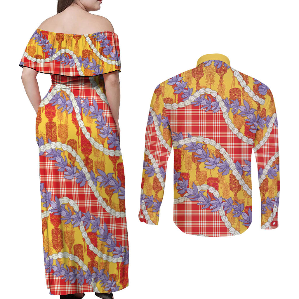 Hawaii Kahili Palaka Motifs Couples Matching Off Shoulder Maxi Dress and Long Sleeve Button Shirt Hawaiian Honohono Pikake Lei