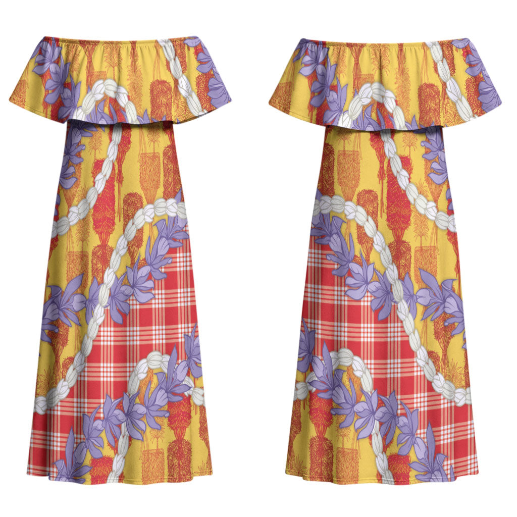 Hawaii Kahili Palaka Motifs Couples Matching Off Shoulder Maxi Dress and Long Sleeve Button Shirt Hawaiian Honohono Pikake Lei LT14 - Polynesian Pride