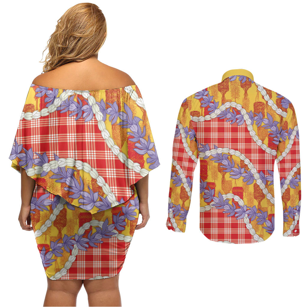 Hawaii Kahili Palaka Motifs Couples Matching Off Shoulder Short Dress and Long Sleeve Button Shirt Hawaiian Honohono Pikake Lei