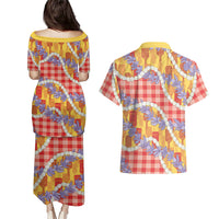 Hawaii Kahili Palaka Motifs Couples Matching Puletasi and Hawaiian Shirt Hawaiian Honohono Pikake Lei