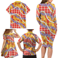 Hawaii Kahili Palaka Motifs Family Matching Long Sleeve Bodycon Dress and Hawaiian Shirt Hawaiian Honohono Pikake Lei