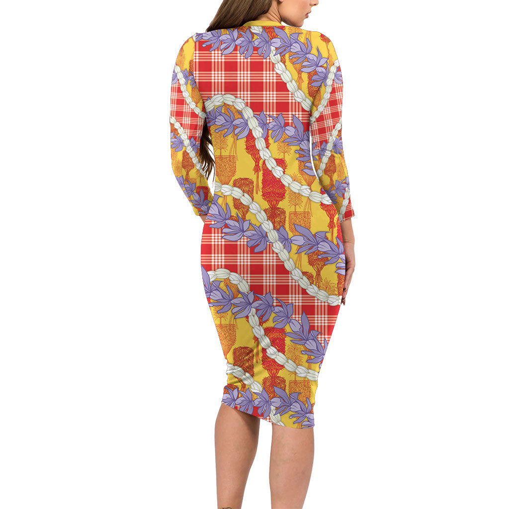 Hawaii Kahili Palaka Motifs Family Matching Long Sleeve Bodycon Dress and Hawaiian Shirt Hawaiian Honohono Pikake Lei