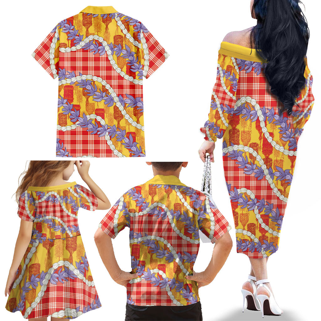 Hawaii Kahili Palaka Motifs Family Matching Off The Shoulder Long Sleeve Dress and Hawaiian Shirt Hawaiian Honohono Pikake Lei